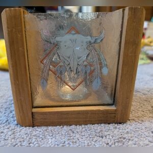 Vintage Rustic Bull Skull Glass Candle Holder With Wooden Frame